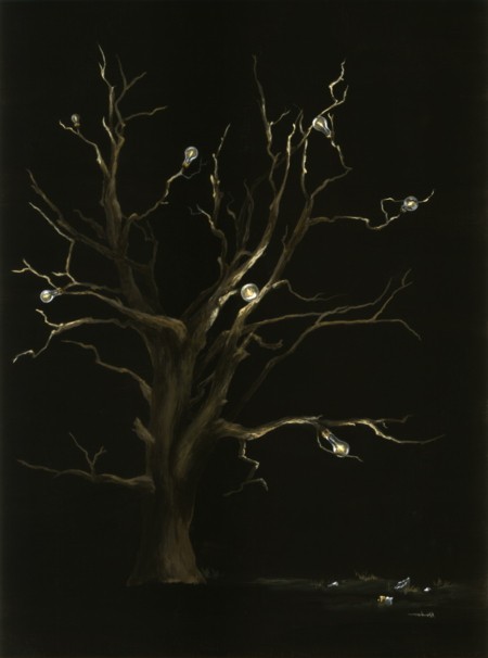 Original tree and light bulb painting by internationally acclaimed artist Kristin Llamas