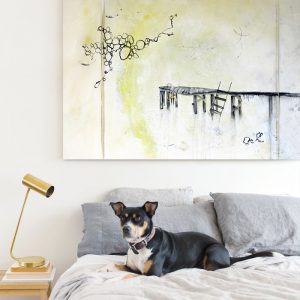 contemporary art painting by modern nashville artist kristin llamas interior with dog on bed