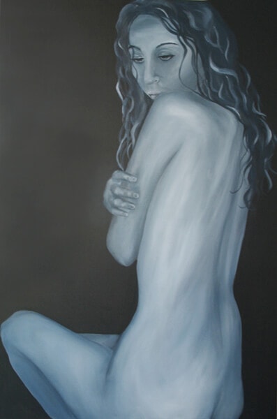 original painting by Kristin Llamas titled inhibitions- blue portrait painting
