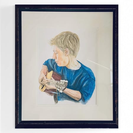 watercolor painting of boy with guitar by Kristin Llamas